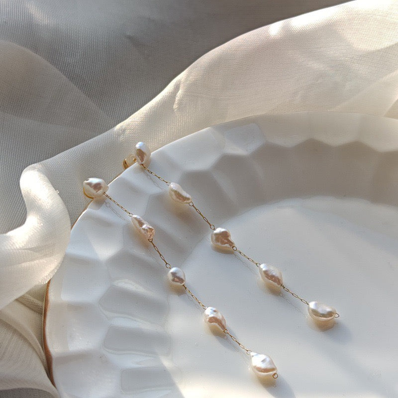 Long baroque pearl dangle chain earrings, 18k gold plated, photo 3