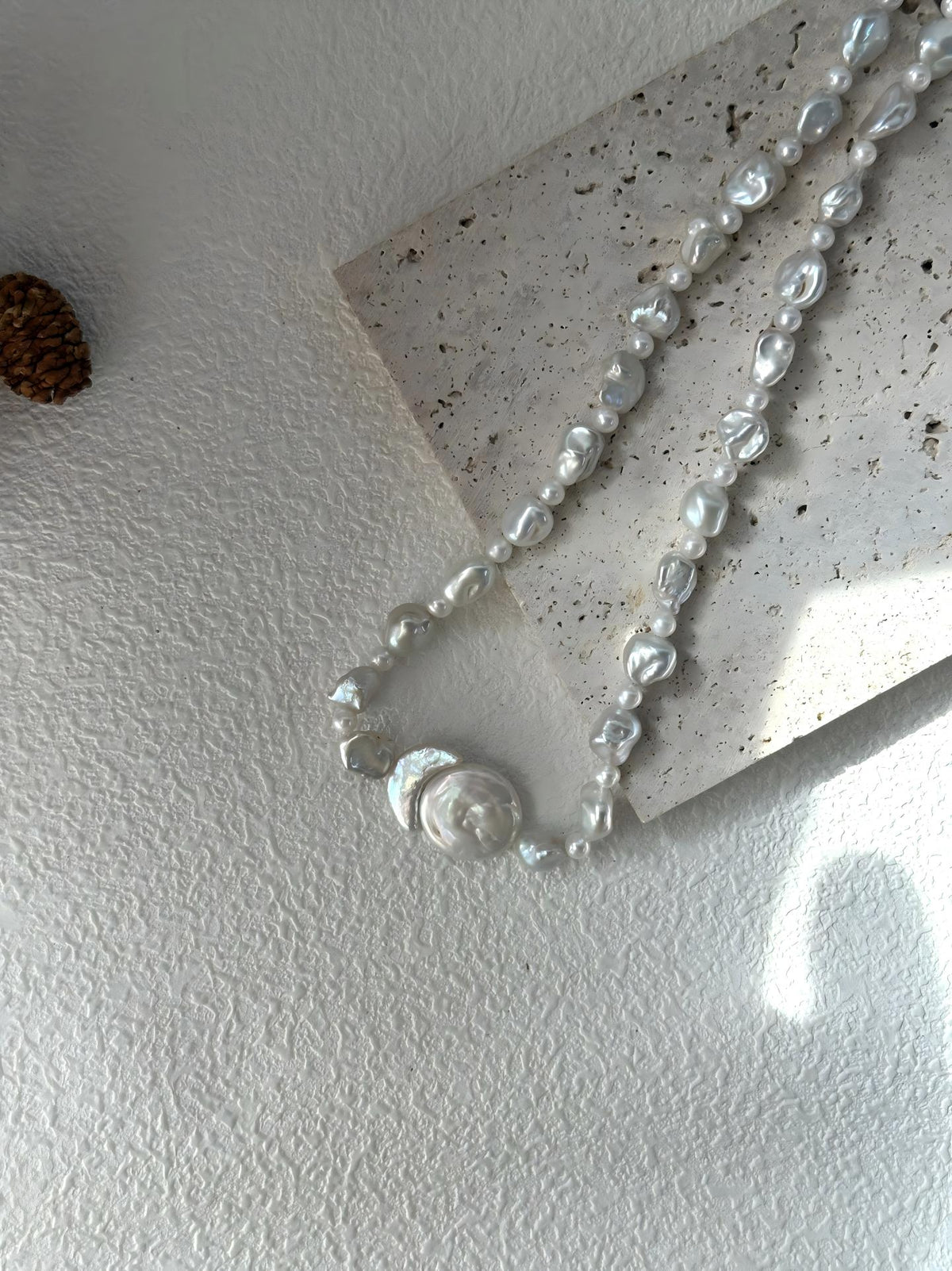 Sun and moon baroque pearl statement necklace in sterling silver, photo 5