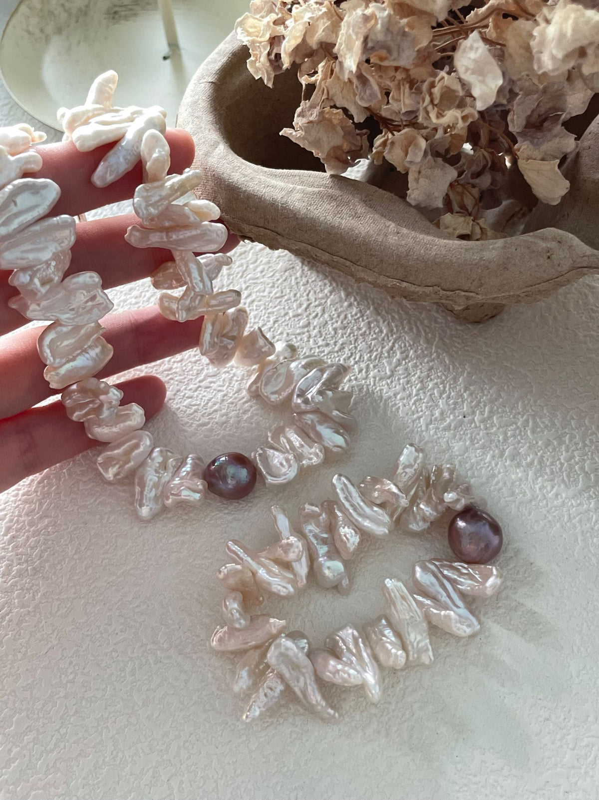 Purple pearl sunflower necklace with baroque pearls in sterling silver, photo 2