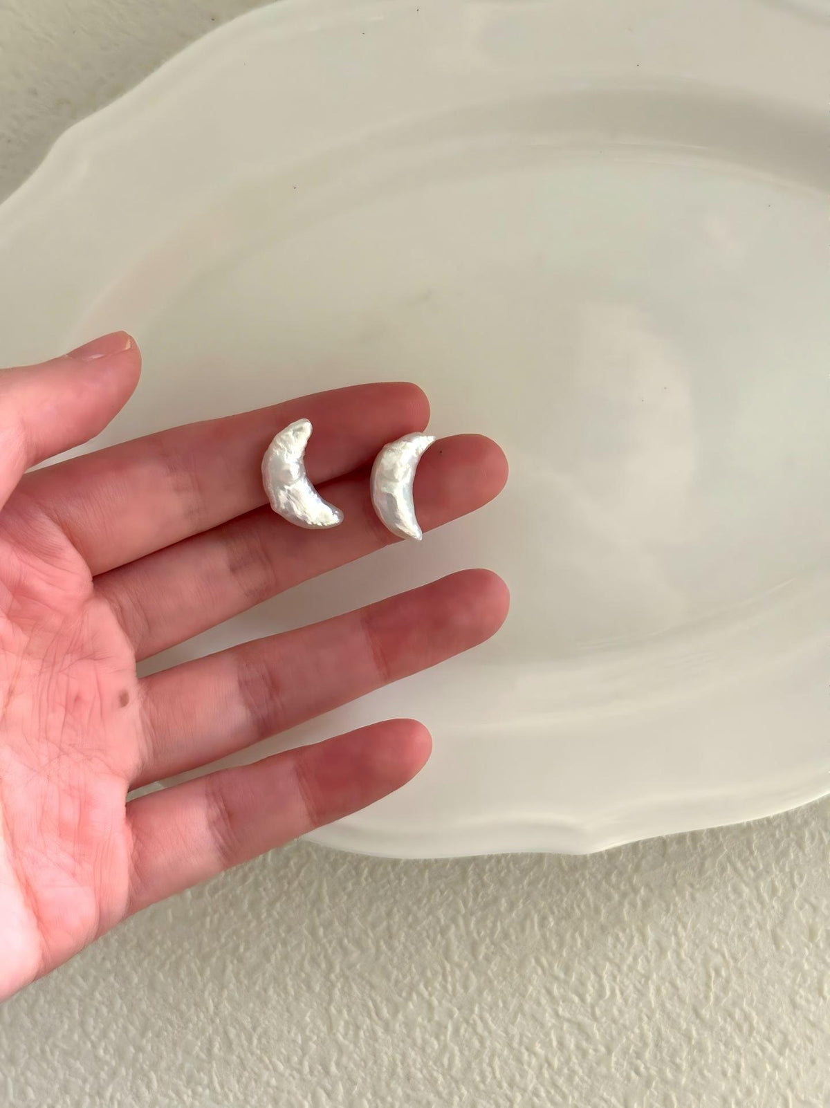 Silver crescent moon baroque pearl stud earrings
