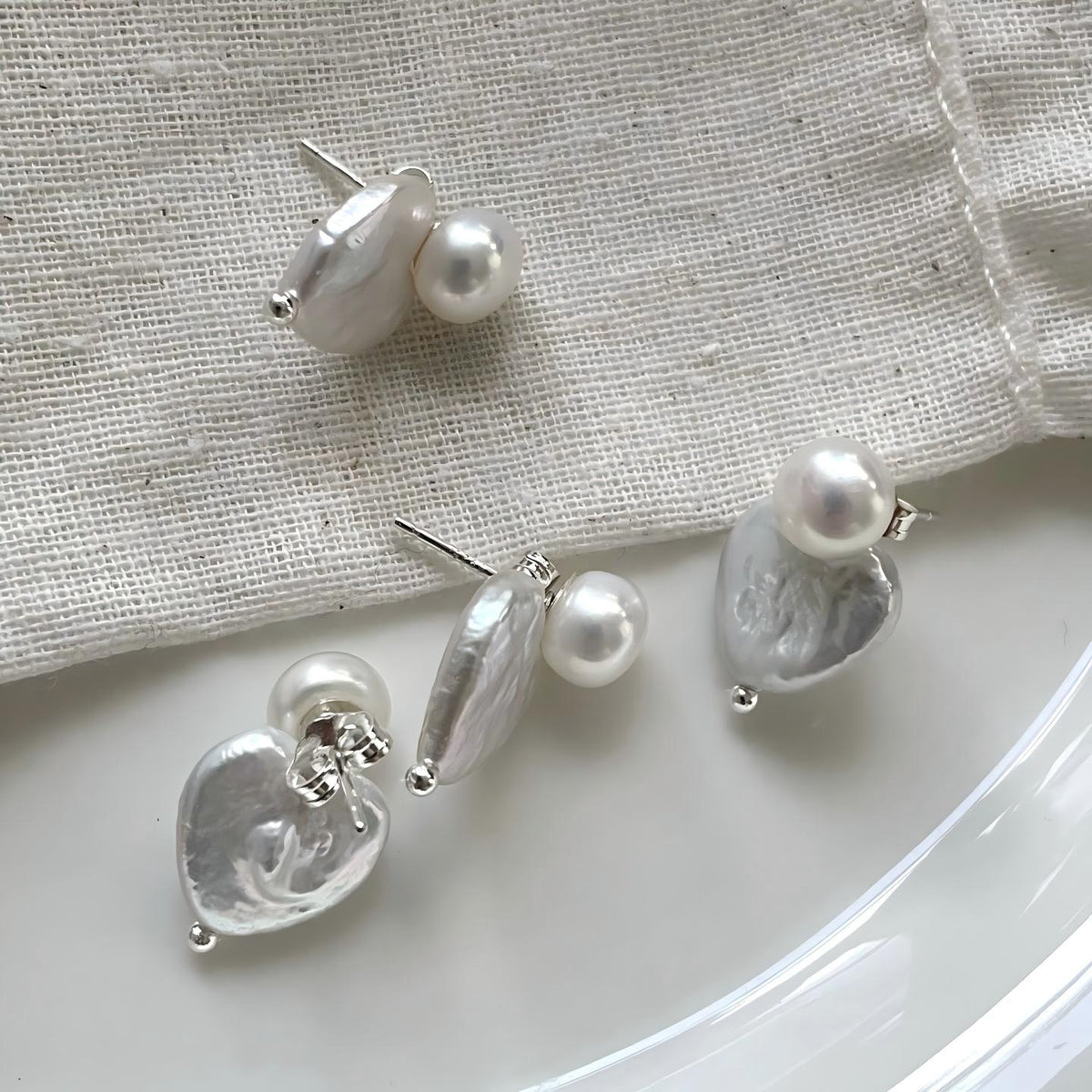 Detachable heart baroque pearl stud earrings in 925 sterling silver, photo 3