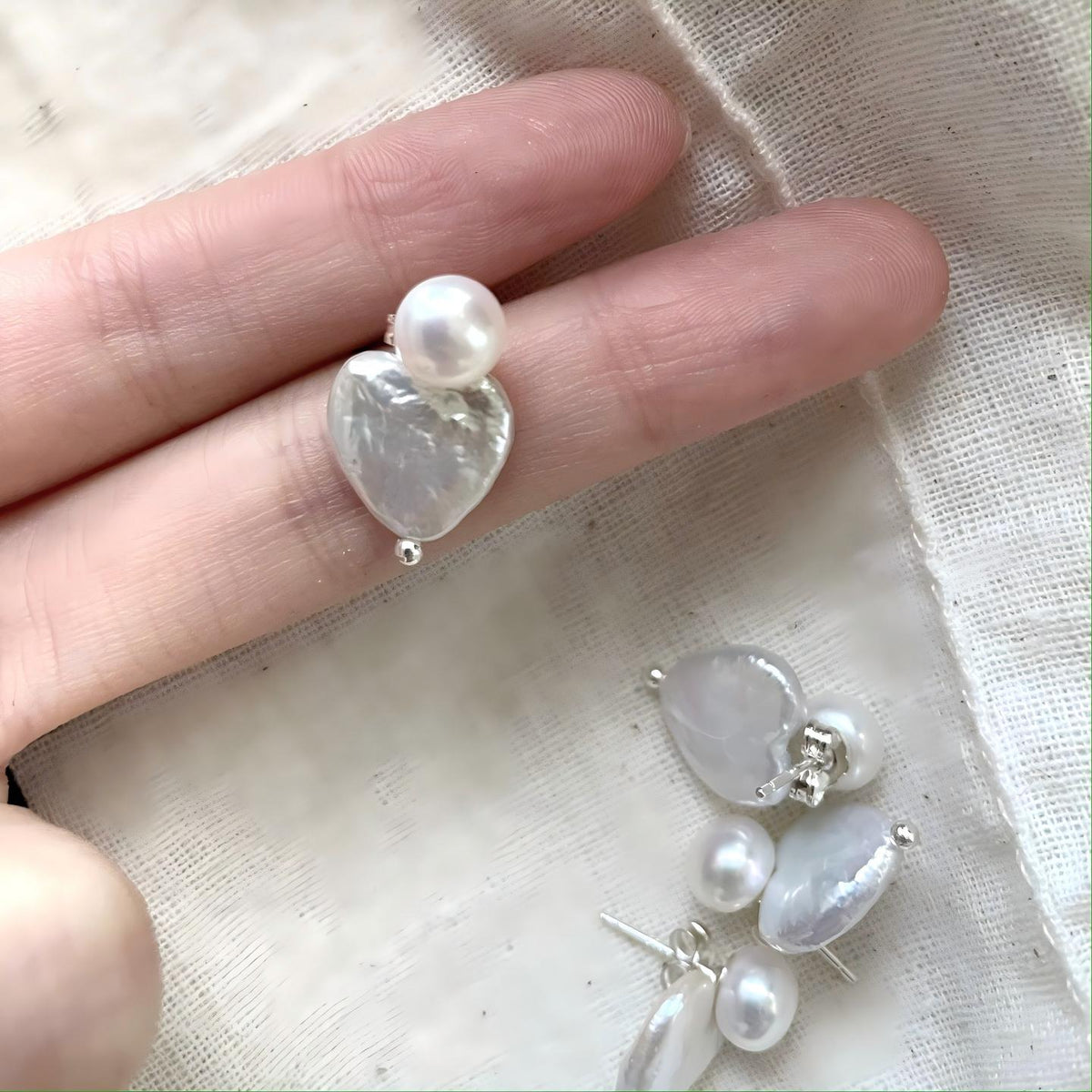 Detachable heart baroque pearl stud earrings in 925 sterling silver, photo 5
