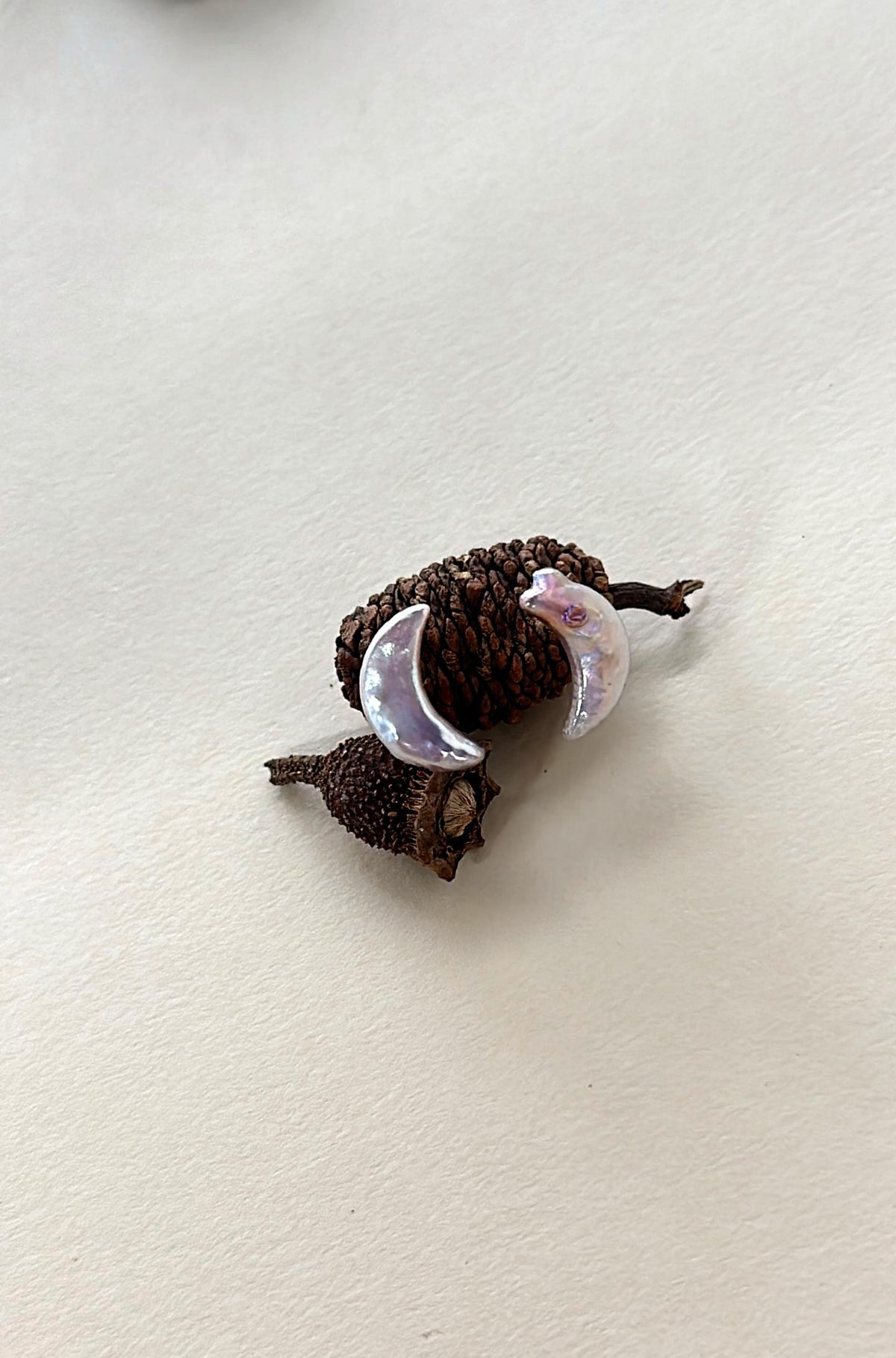 Iridescent crescent moon baroque pearl stud earrings in sterling silver, photo 6