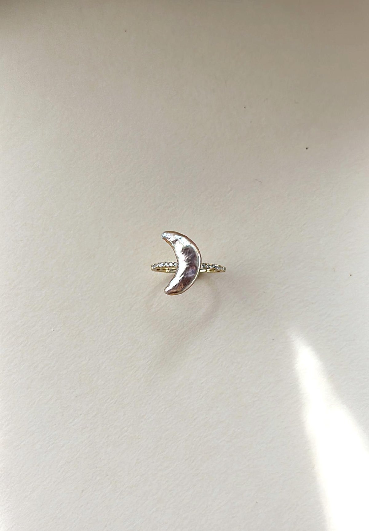 Crescent moon baroque pearl ring with pave band, 18k gold plated