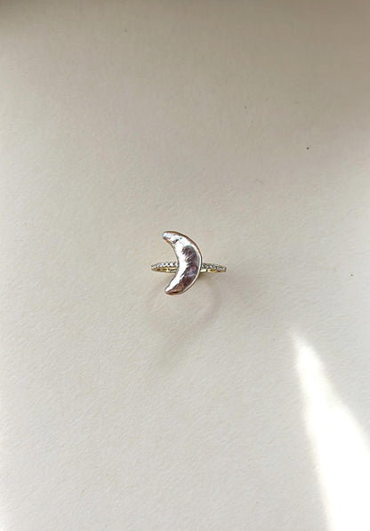 Crescent moon baroque pearl ring with pave band, 18k gold plated