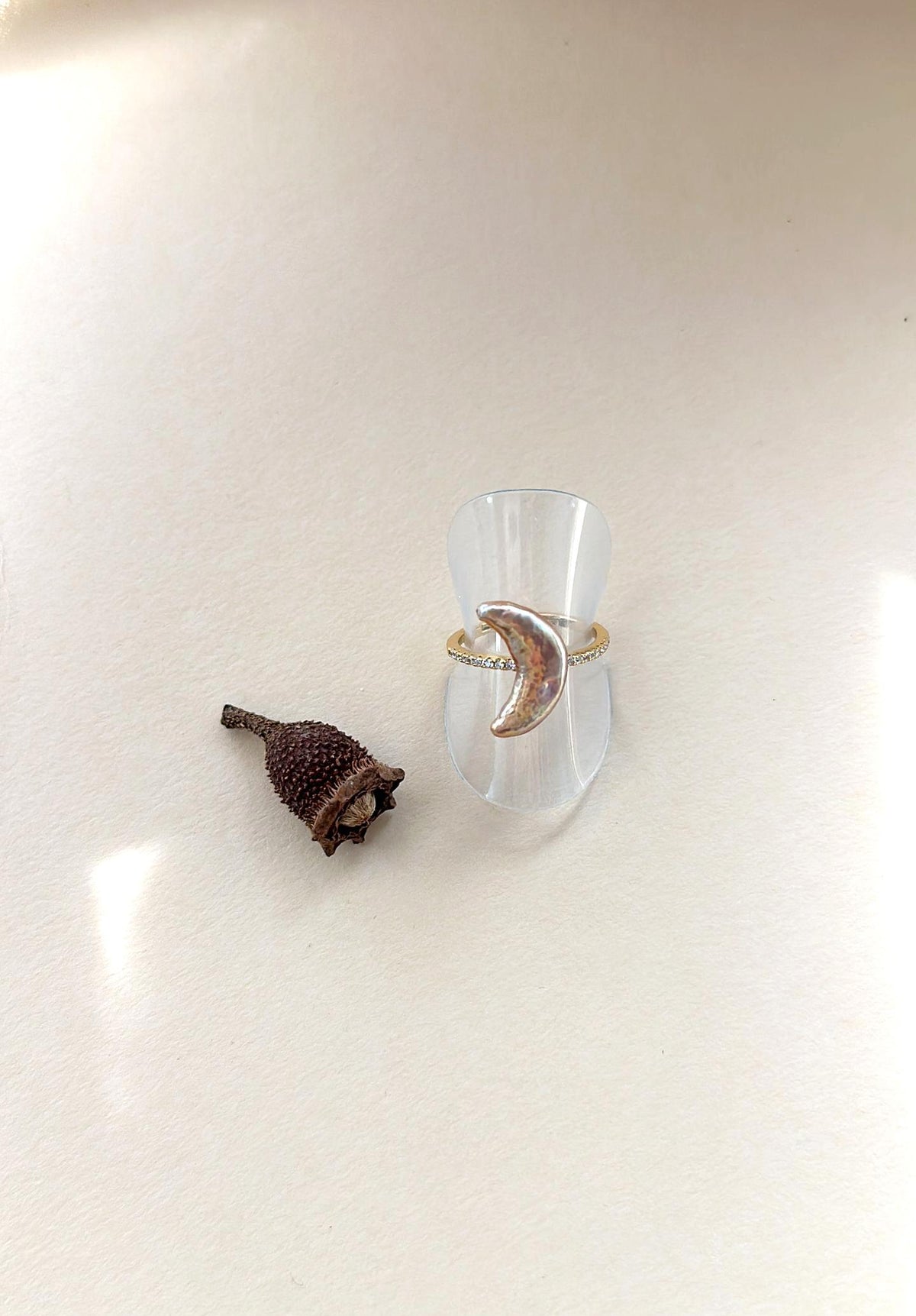 Crescent moon baroque pearl ring with pave band, 18k gold plated, photo 3
