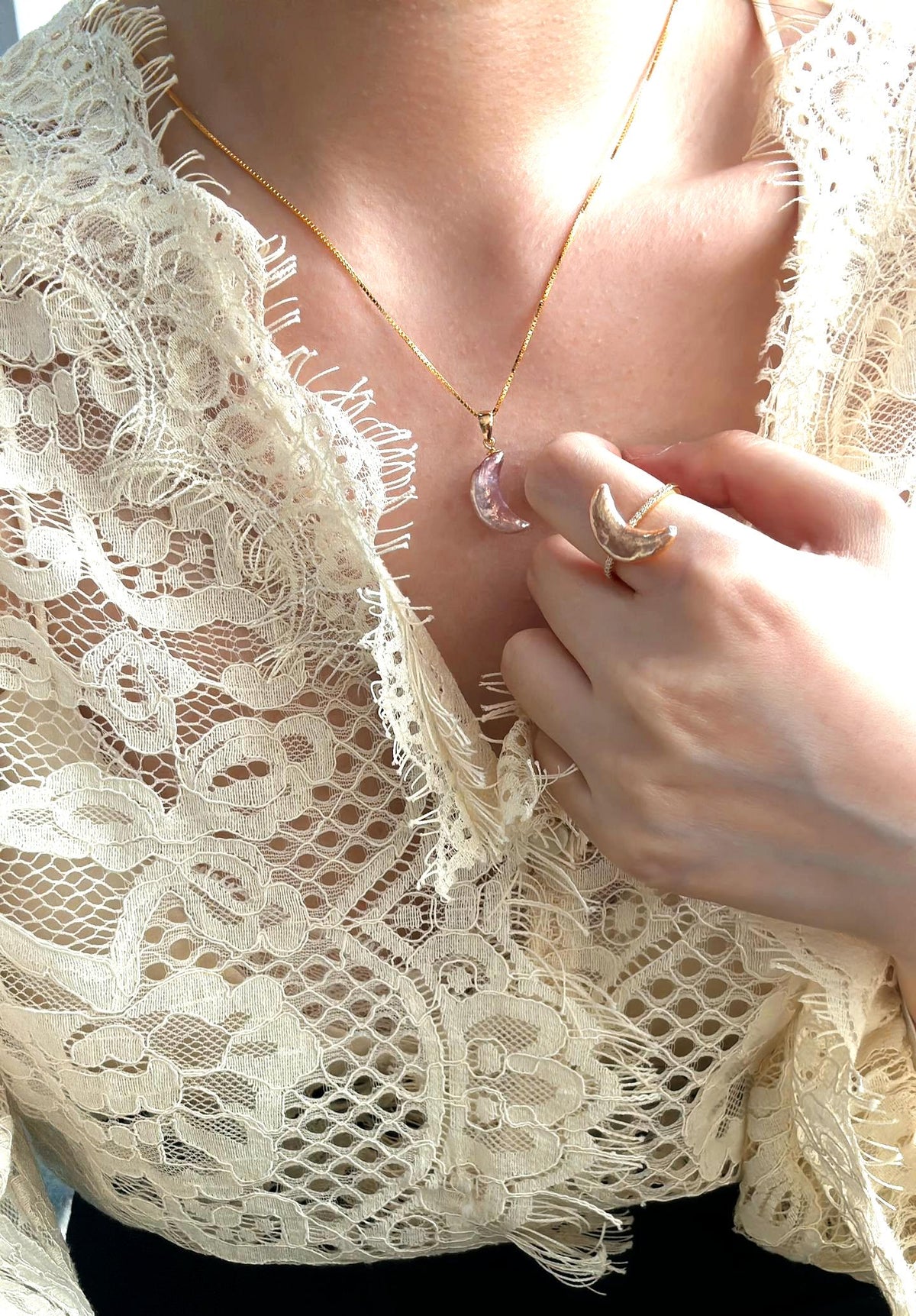 Crescent moon baroque pearl ring with pave band, 18k gold plated, photo 2