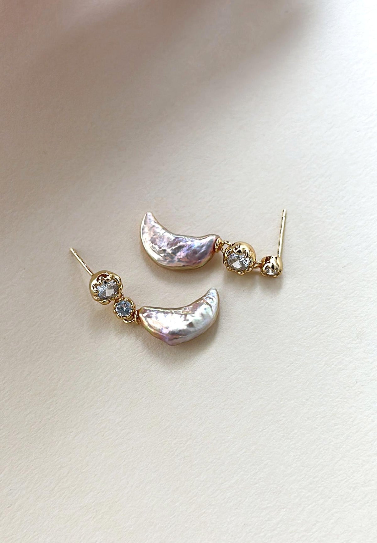 Iridescent moon baroque pearl dangle earrings, 18k gold plated