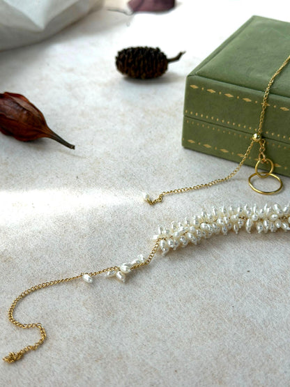 Wheat Ear Pearl Lariat Necklace — Baroque Rice Pearl Cluster on Gold Chain