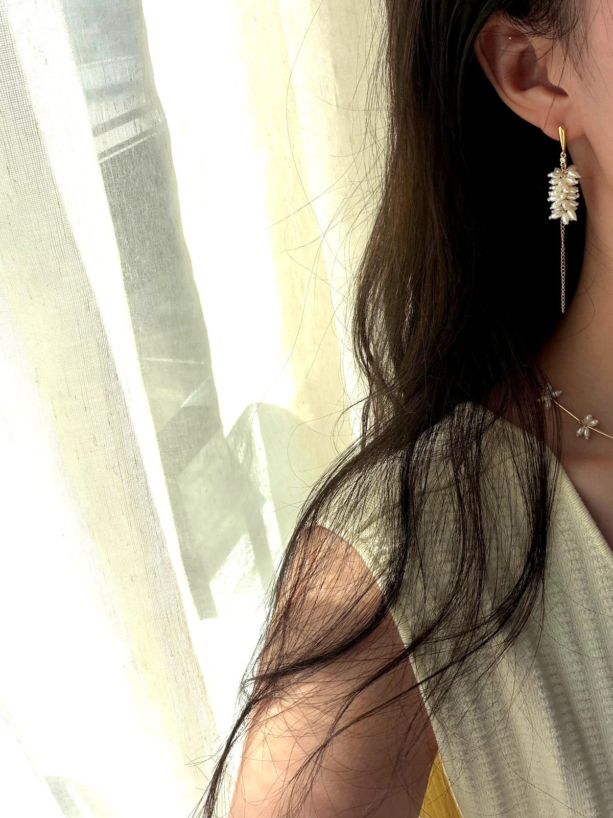 Wheat Ear Pearl Drop Earrings — Baroque Rice Pearl Cluster on Gold Thread