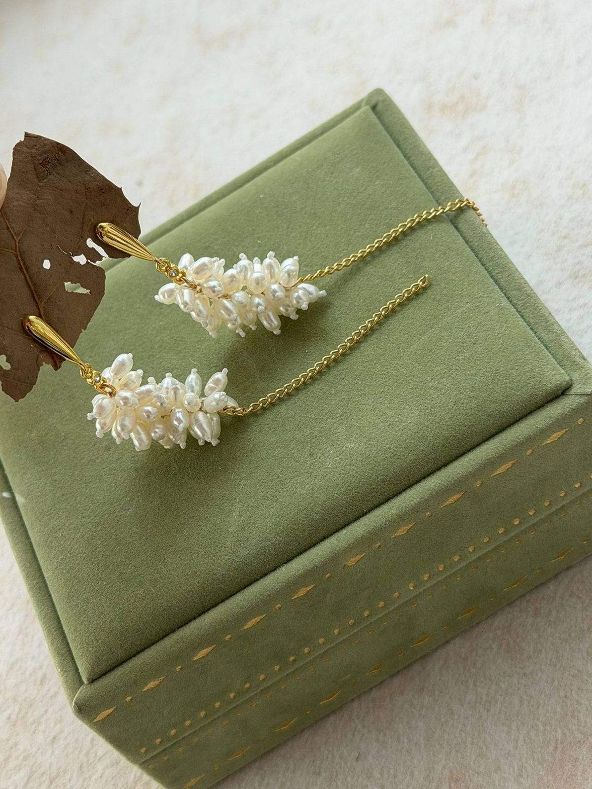 Wheat Ear Pearl Drop Earrings — Baroque Rice Pearl Cluster on Gold Thread