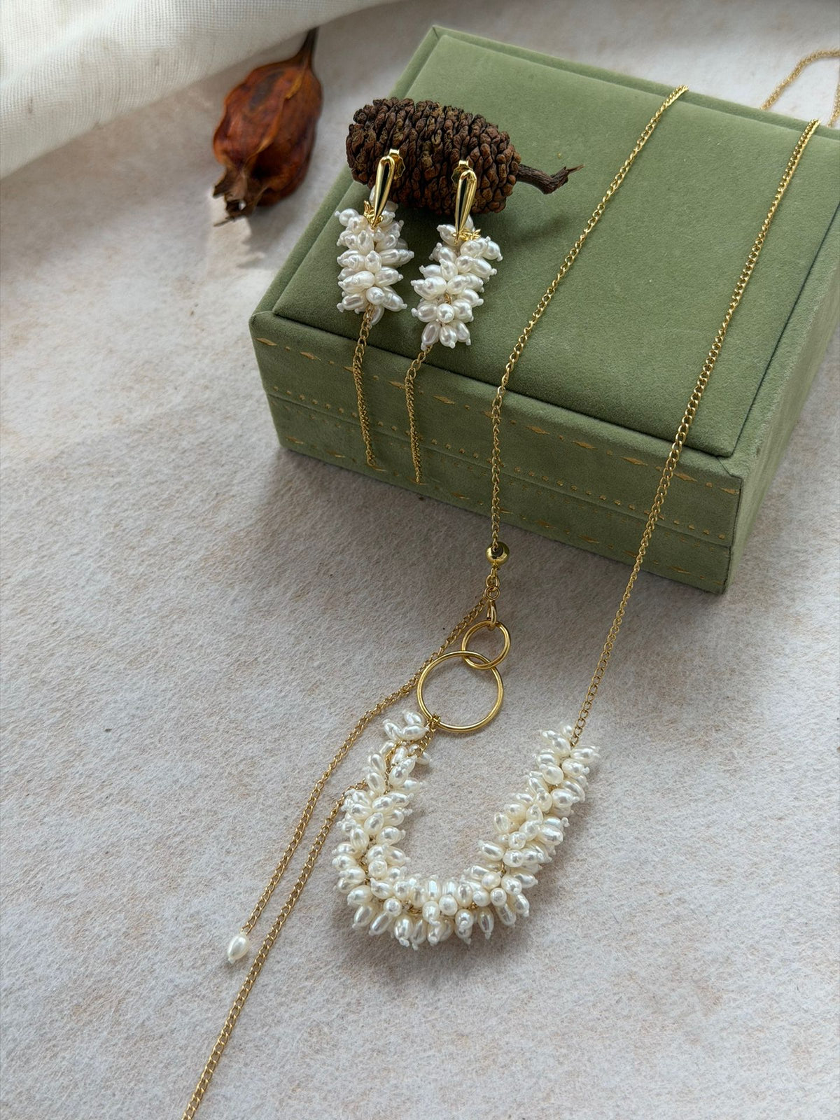 Wheat Ear Pearl Drop Earrings — Baroque Rice Pearl Cluster on Gold Thread