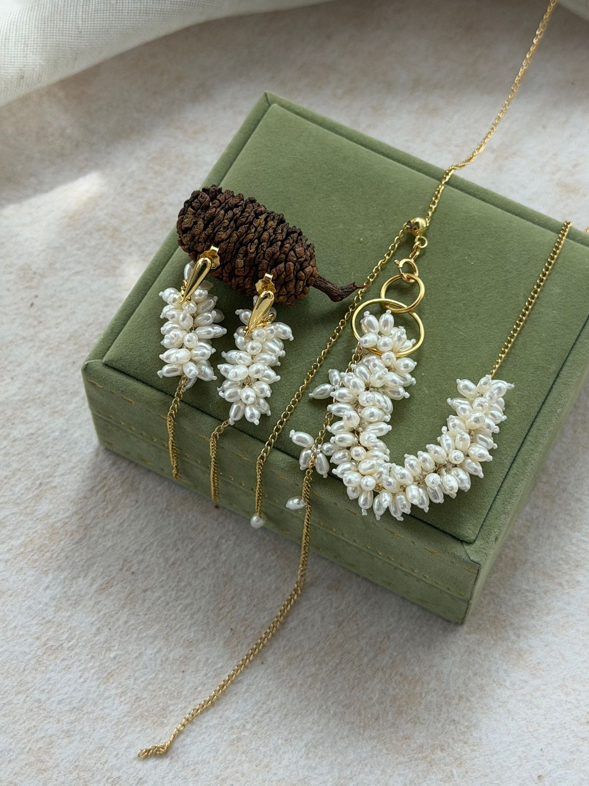 Wheat Ear Pearl Drop Earrings — Baroque Rice Pearl Cluster on Gold Thread