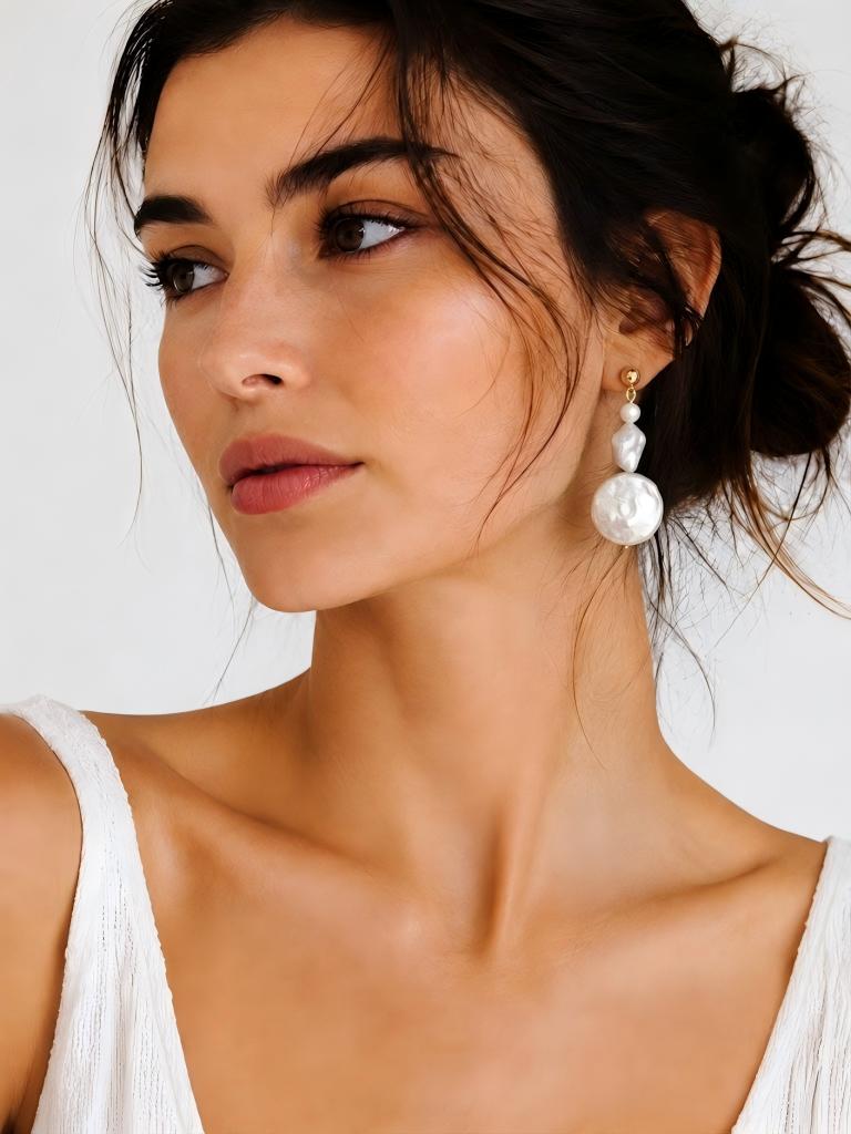 Natural coin baroque pearl drop earrings in sterling silver, photo 3