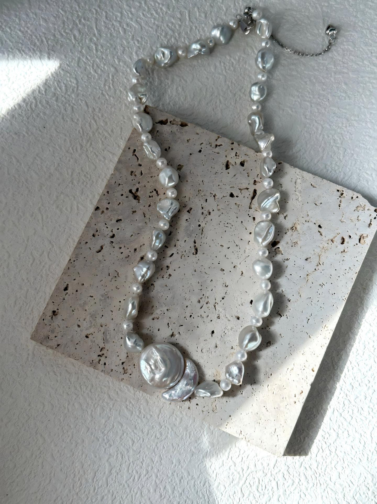 Sun and moon baroque pearl statement necklace in sterling silver, photo 4