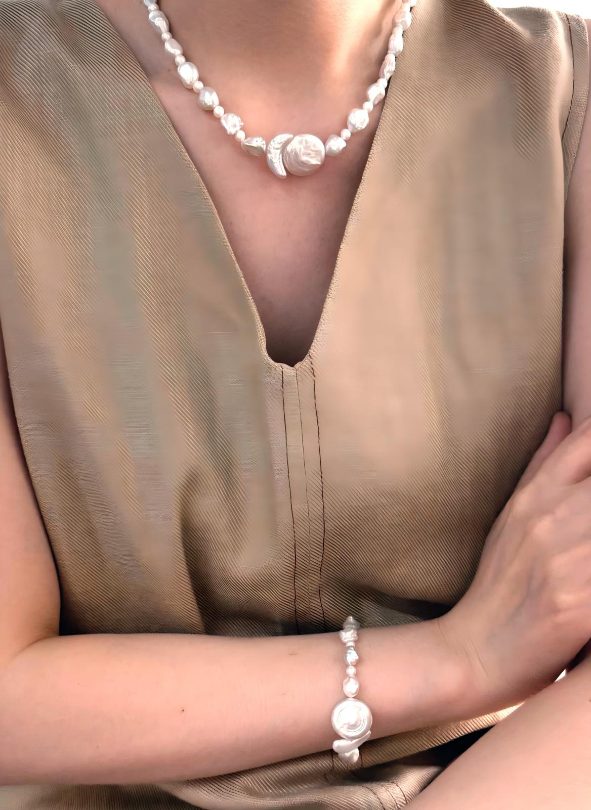 Sun and moon baroque pearl statement necklace in sterling silver, photo 2