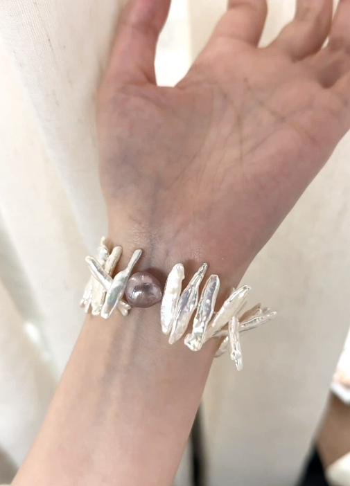 Purple pearl sunflower bracelet with baroque pearls in sterling silver