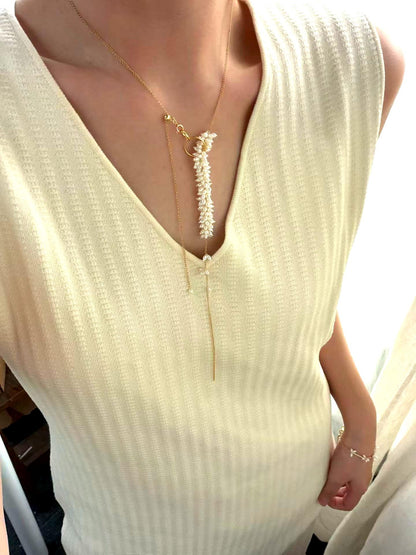 Wheat Ear Pearl Lariat Necklace — Baroque Rice Pearl Cluster on Gold Chain