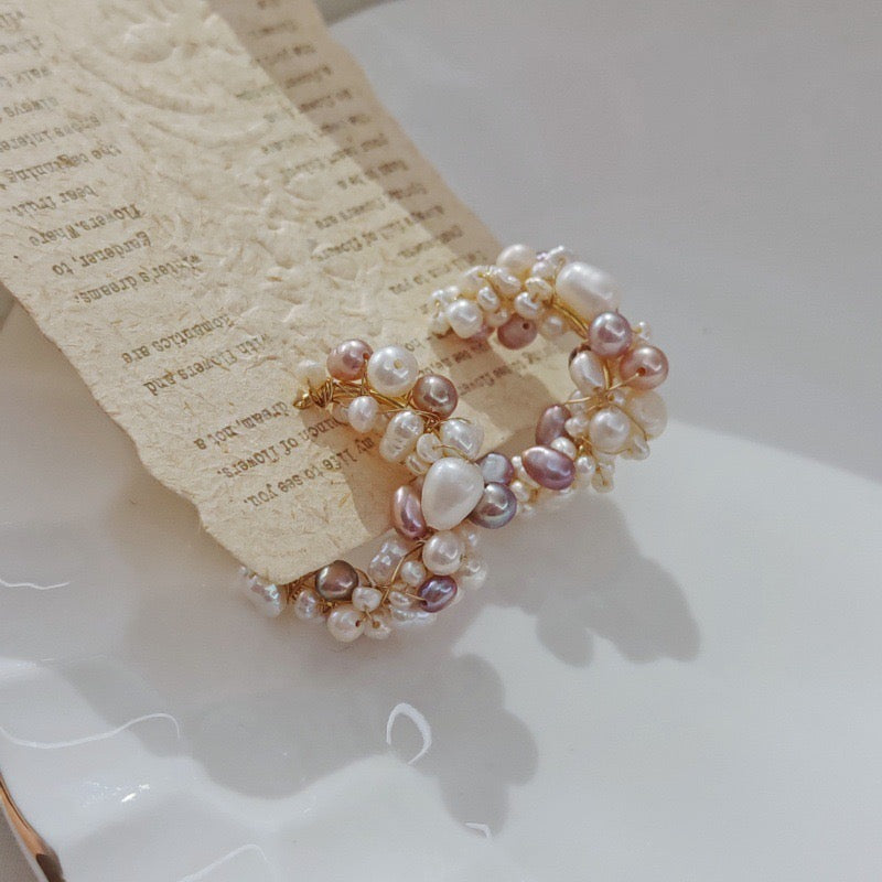 Floral cluster baroque pearl hoop earrings, 18k gold