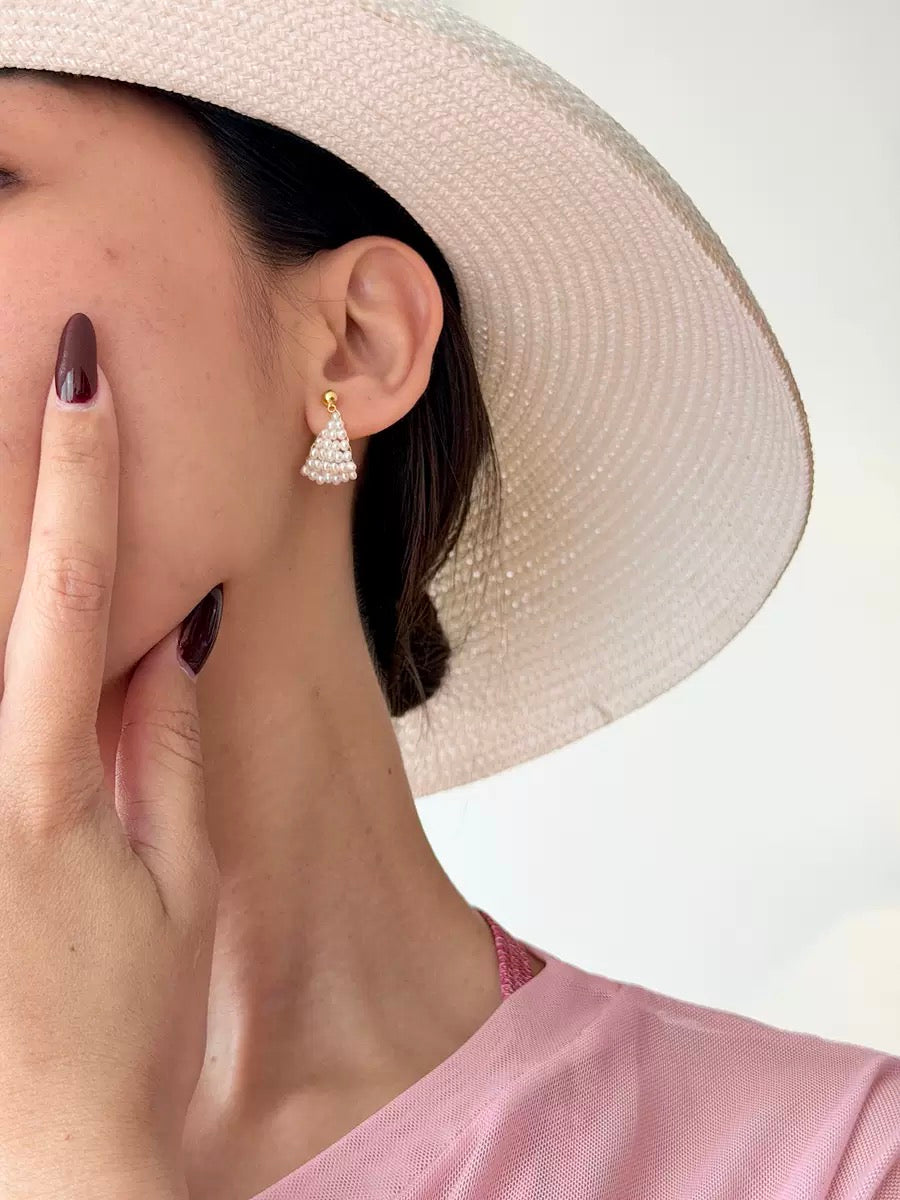 Geometric triangle pearl cluster stud earrings, 18k gold plated, photo 6