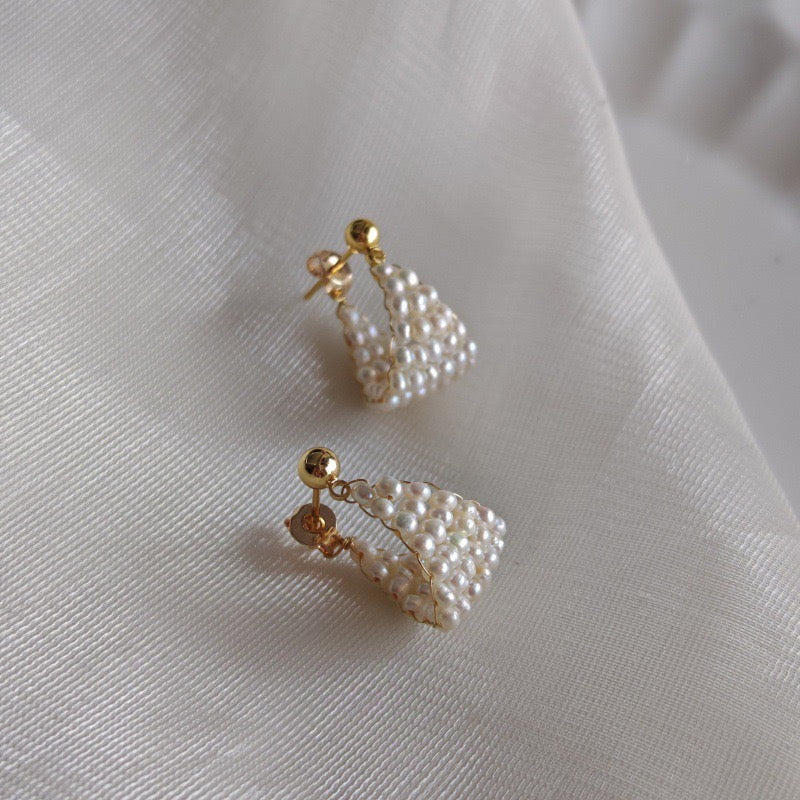 Geometric triangle pearl cluster stud earrings, 18k gold plated, photo 4