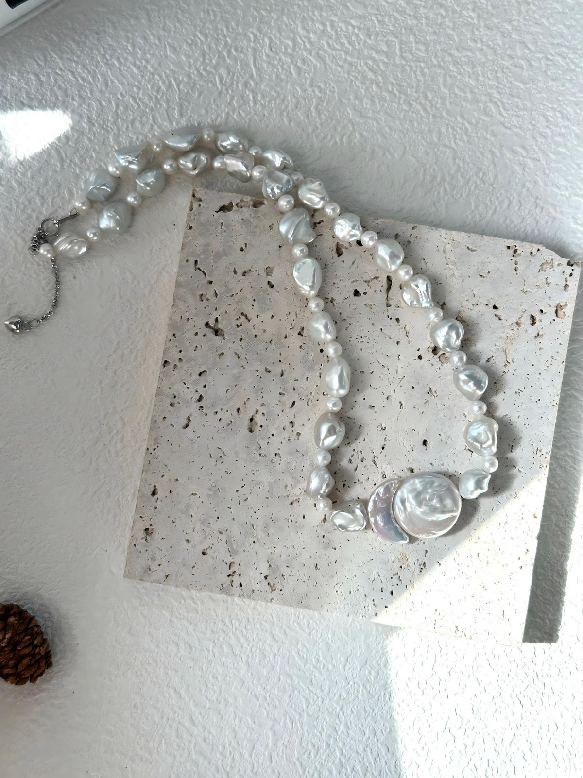 Sun and moon baroque pearl statement necklace in sterling silver, photo 6