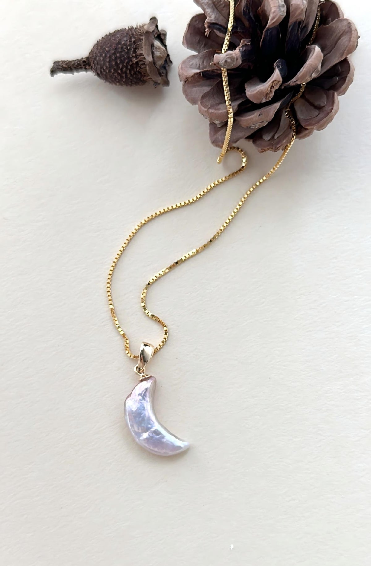 Crescent moon baroque pearl pendant necklace, 18k gold plated, photo 2