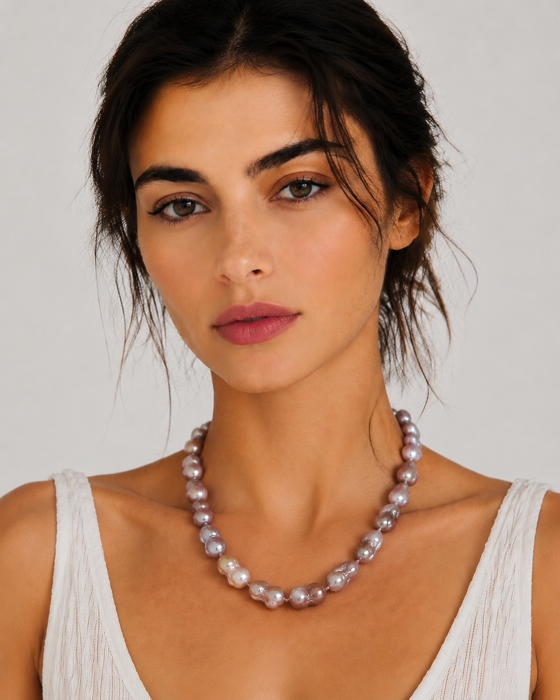 Lavender pink aurora baroque pearl hand-beaded necklace
