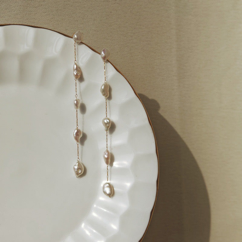 Long baroque pearl dangle chain earrings, 18k gold plated