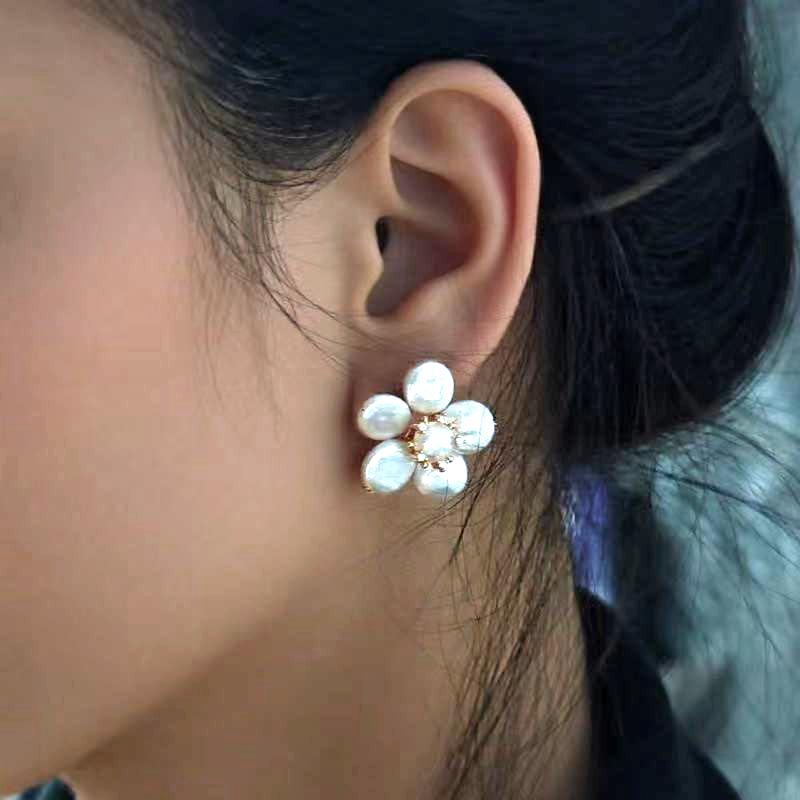 Baroque pearl blossom flower stud earrings, 18k gold plated, photo 2