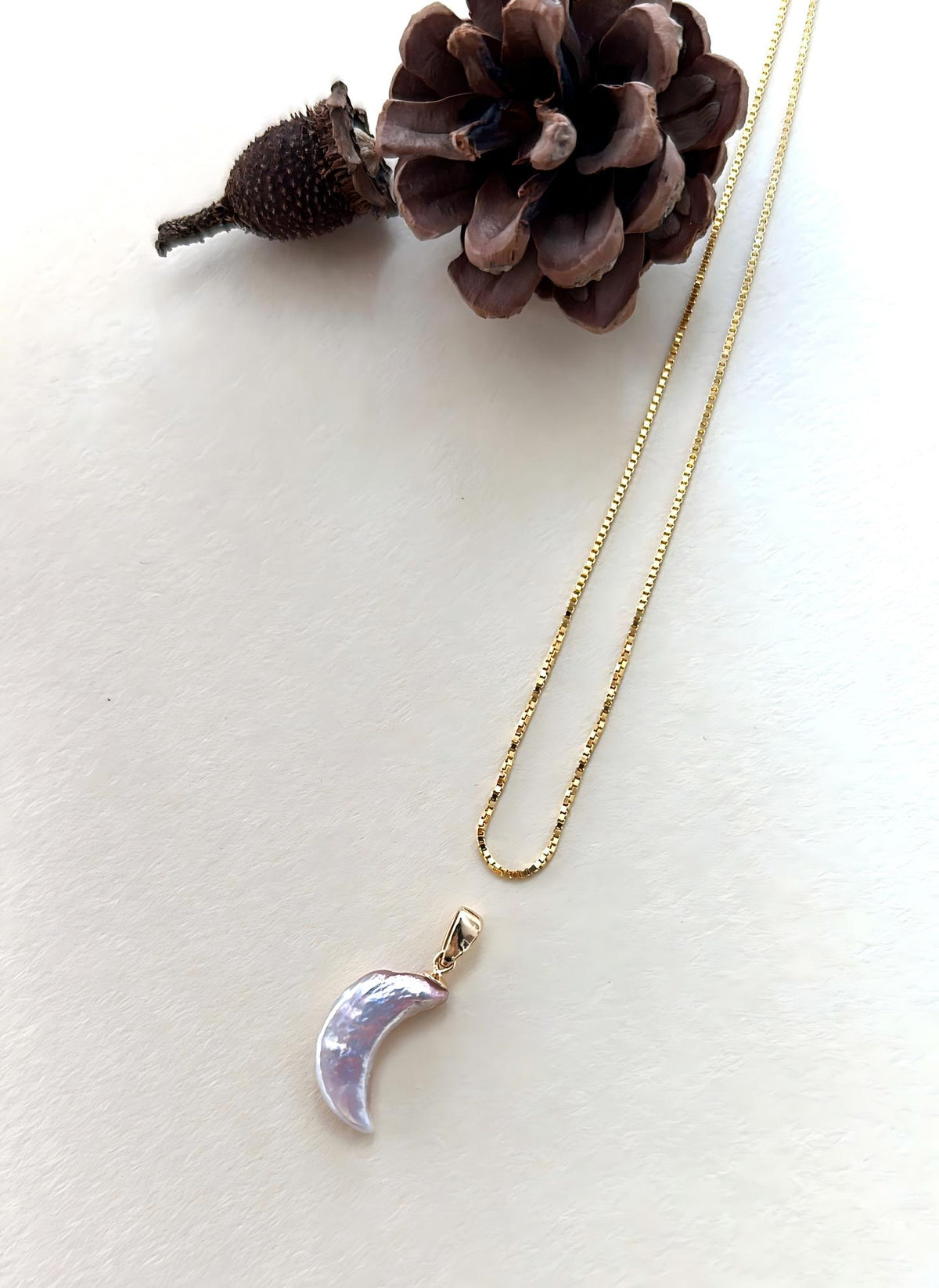 Crescent moon baroque pearl pendant necklace, 18k gold plated, photo 3