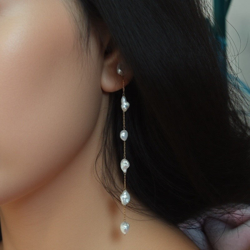 Long baroque pearl dangle chain earrings, 18k gold plated, photo 2