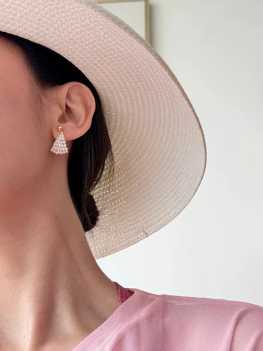 Geometric triangle pearl cluster stud earrings, 18k gold plated
