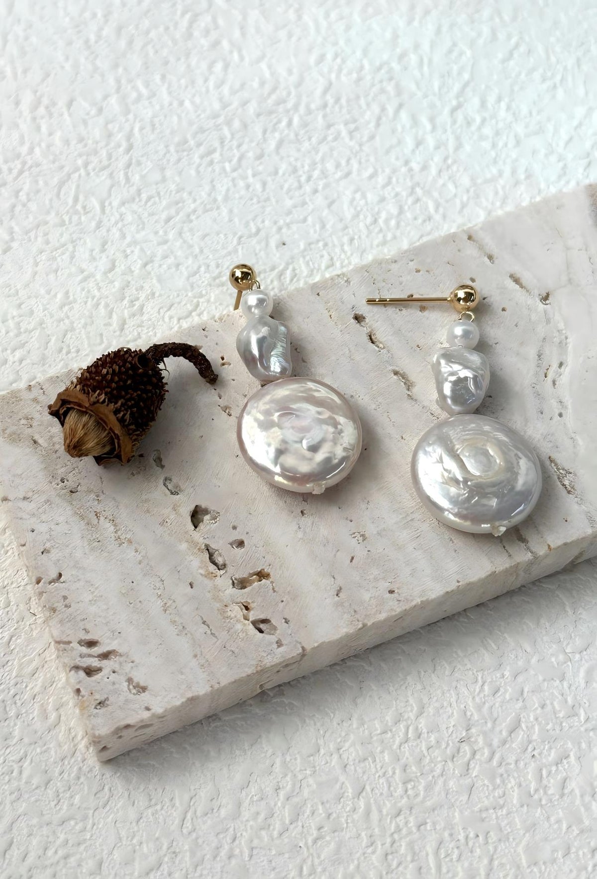 Natural coin baroque pearl drop earrings in sterling silver, photo 2