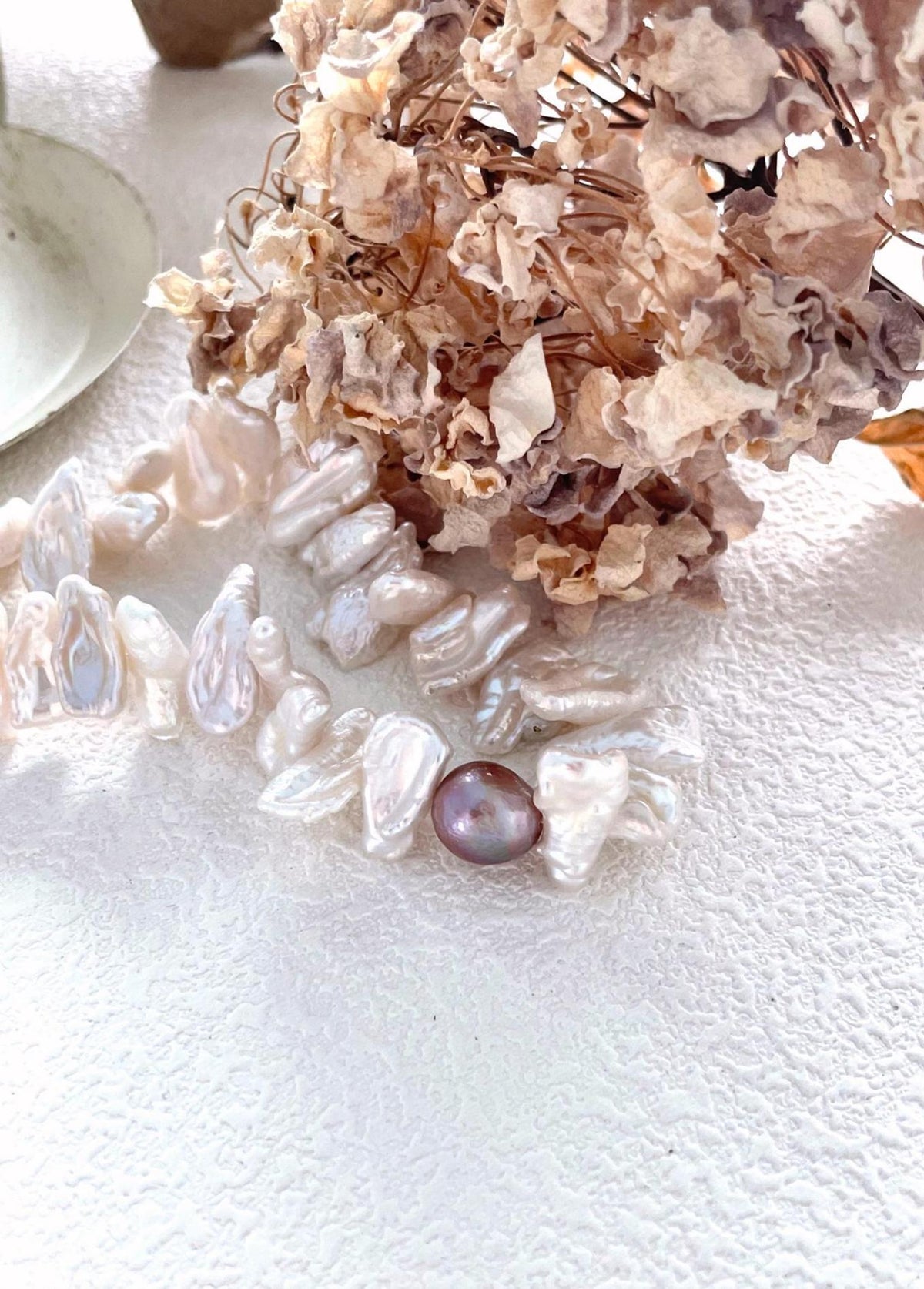 Purple pearl sunflower necklace with baroque pearls in sterling silver, photo 4