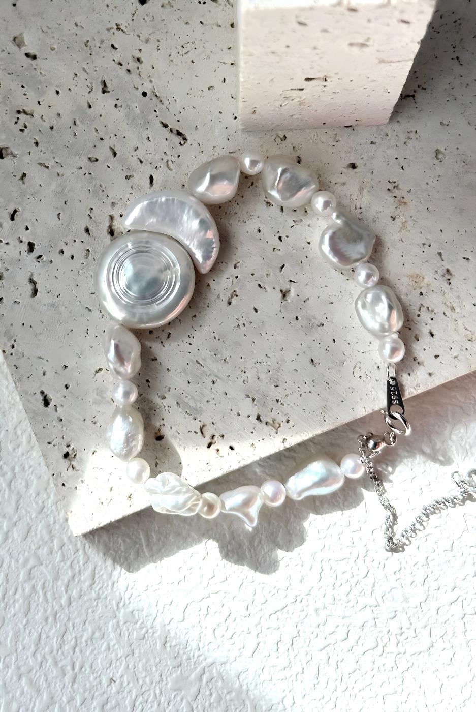 Sun and moon baroque pearl bracelet in sterling silver