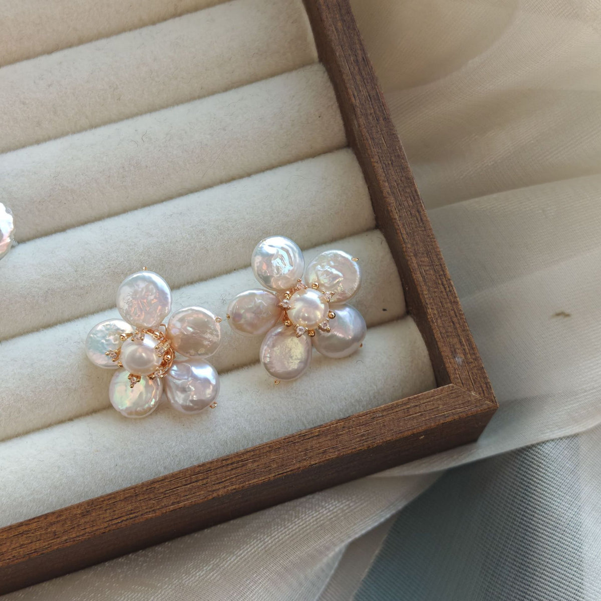Baroque pearl blossom flower stud earrings, 18k gold plated