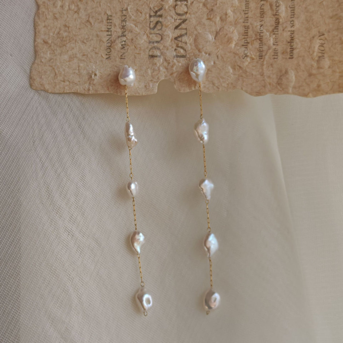Long baroque pearl dangle chain earrings, 18k gold plated, photo 4