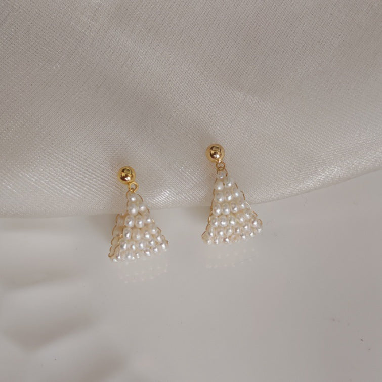 Geometric triangle pearl cluster stud earrings, 18k gold plated, photo 3