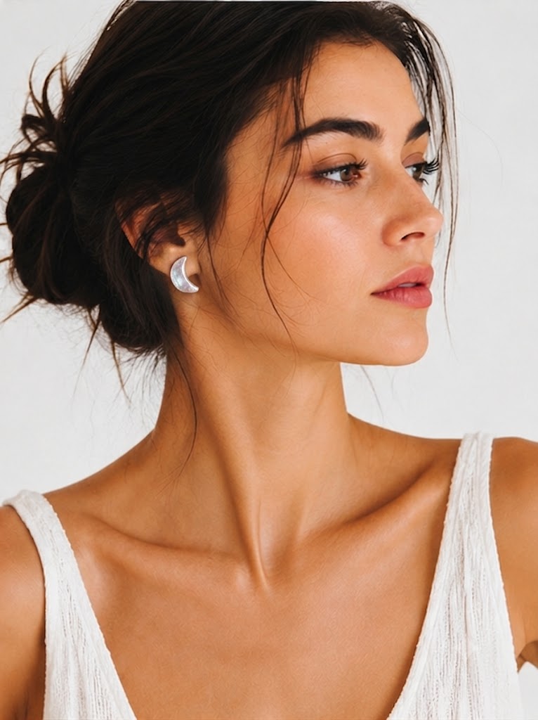 Iridescent crescent moon baroque pearl stud earrings in sterling silver, photo 2