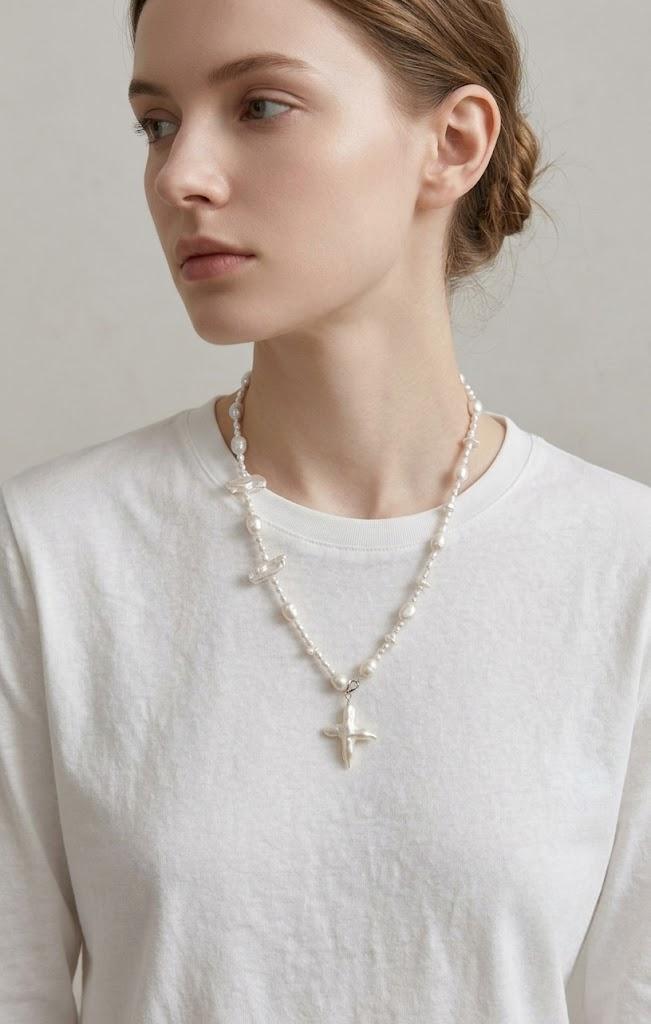 Baroque pearl cross pendant necklace in sterling silver