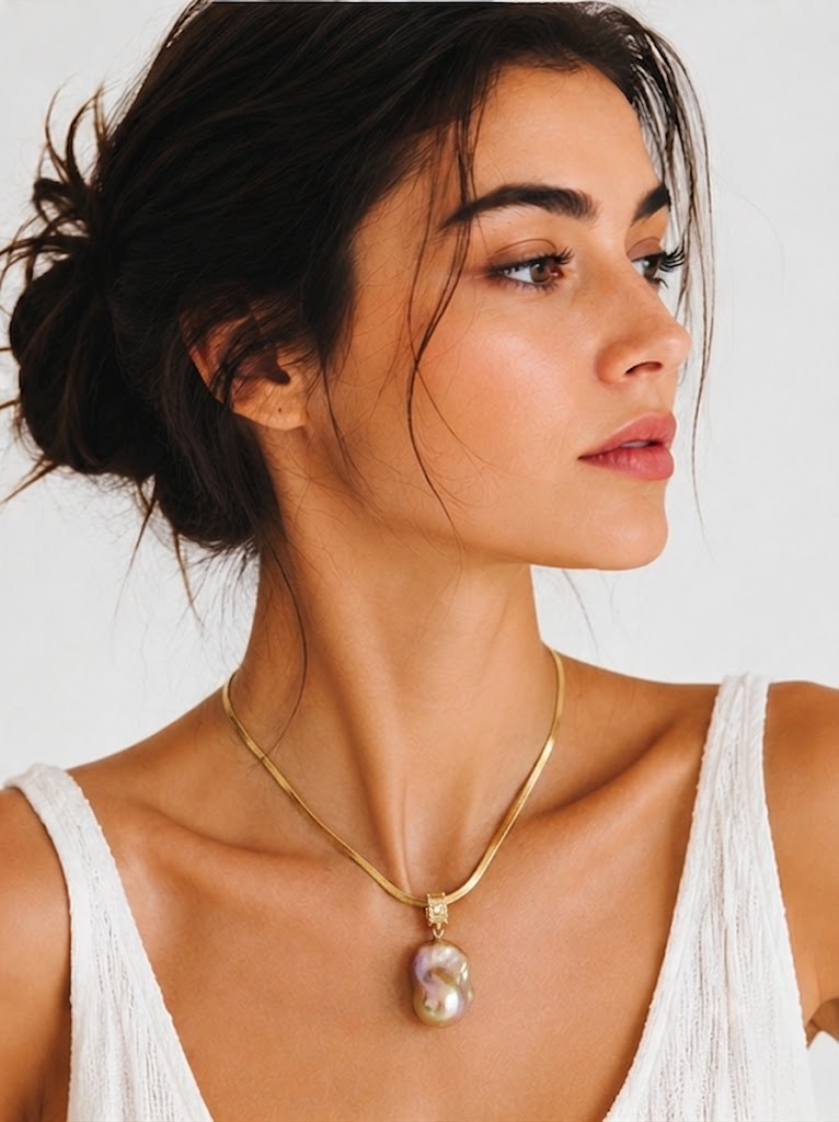 Golden champagne baroque pearl pendant necklace, 18k gold plated, photo 2