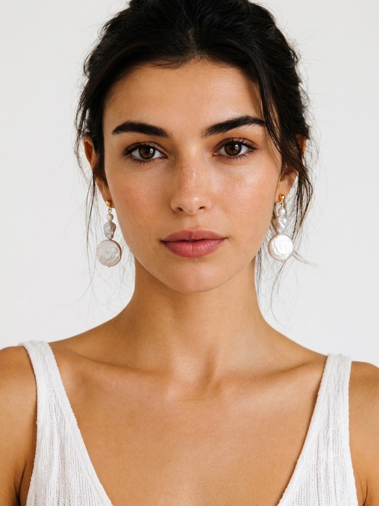 Natural coin baroque pearl drop earrings in sterling silver