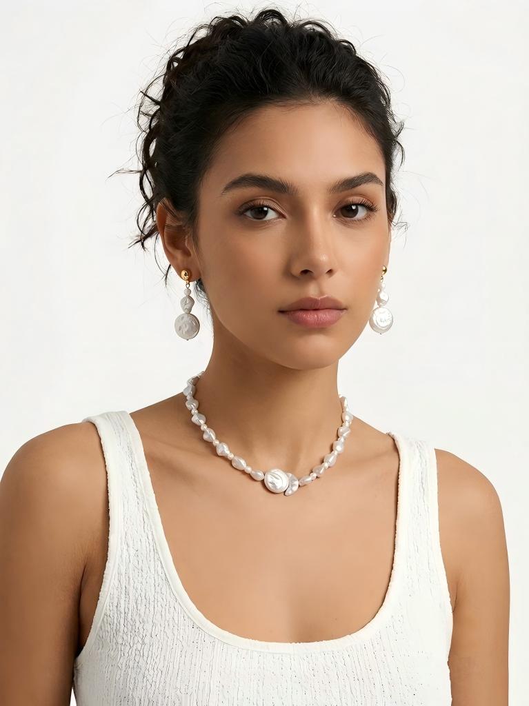 Sun and moon baroque pearl statement necklace in sterling silver, photo 3