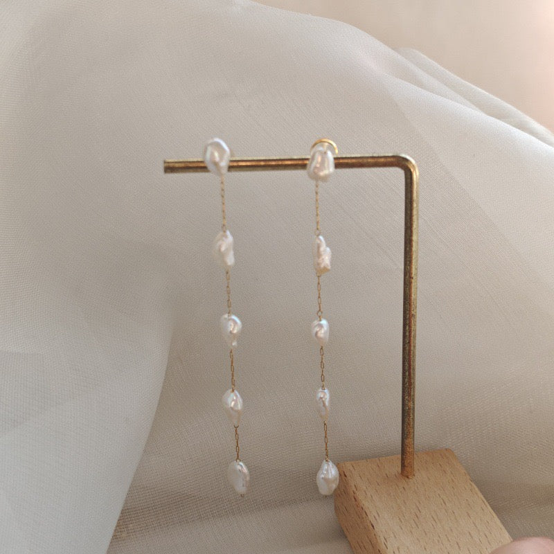 Long baroque pearl dangle chain earrings, 18k gold plated, photo 5