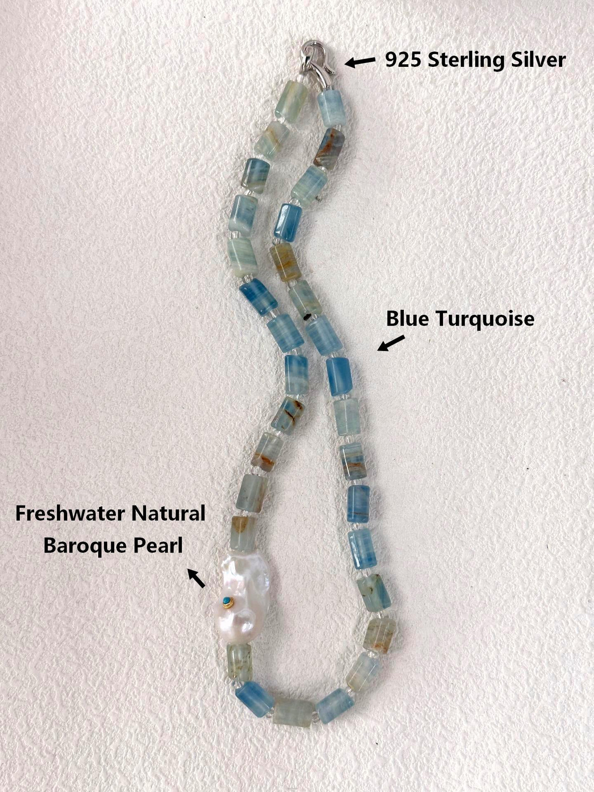 Blue turquoise and baroque pearl beaded necklace, photo 5