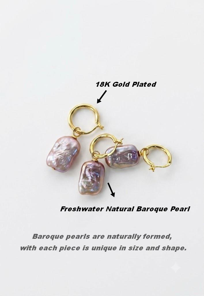 Iridescent purple rectangle pearl huggie earrings, 18k gold plated, photo 4
