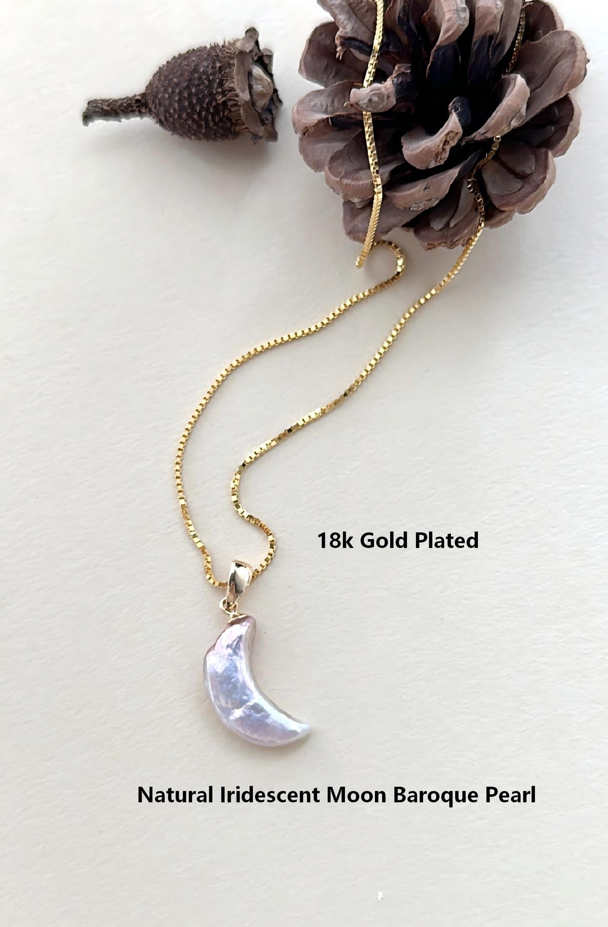 Crescent moon baroque pearl pendant necklace, 18k gold plated, photo 4