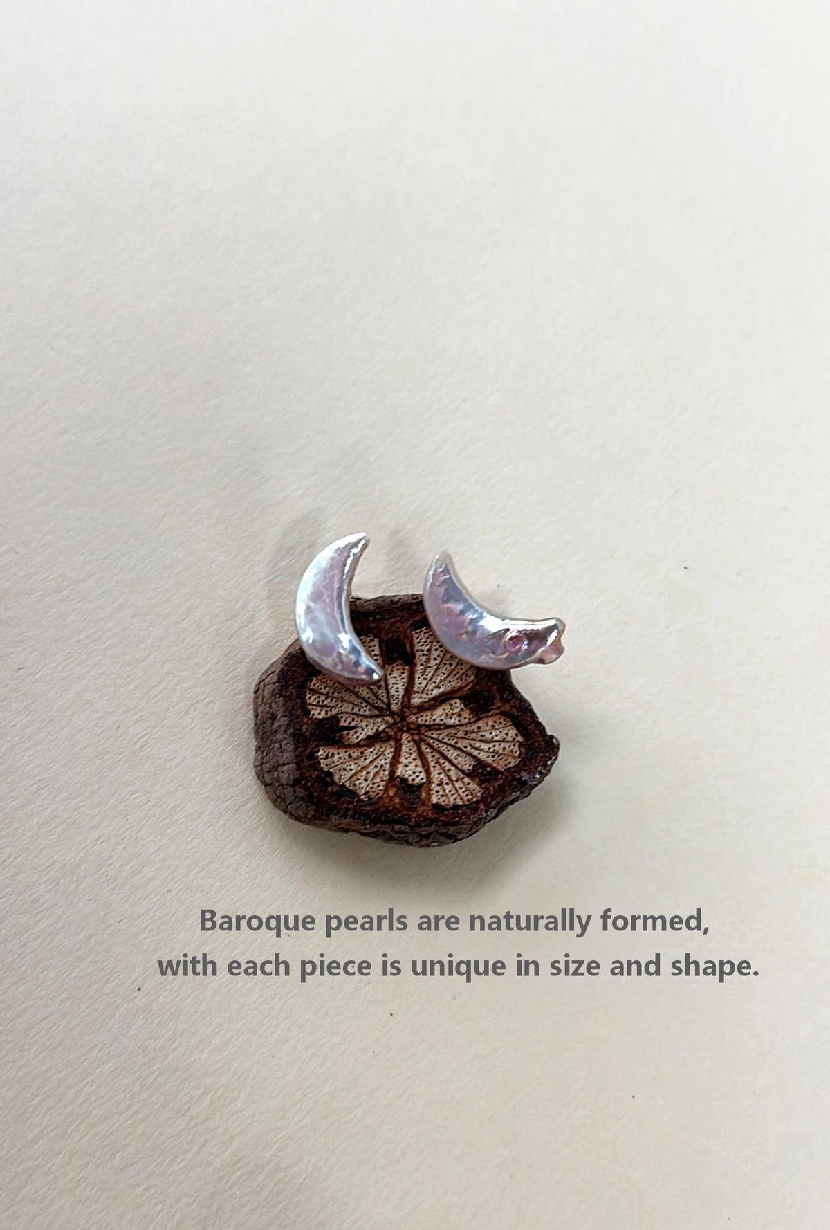 Iridescent crescent moon baroque pearl stud earrings in sterling silver, photo 3