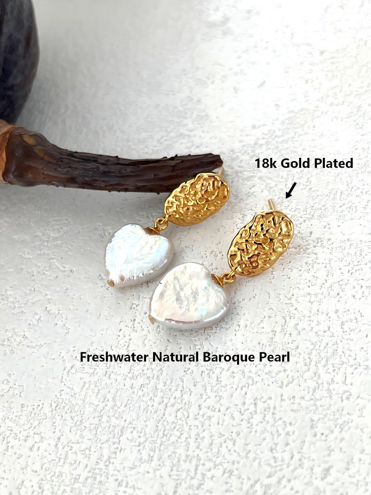 Pink heart-shaped baroque pearl earrings, 18k gold plated, photo 2
